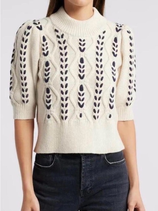 Rails Tops - Rails Addy Cable Knit Short-Sleeve Mock Neck Sweater with Navy Eyelet Detail